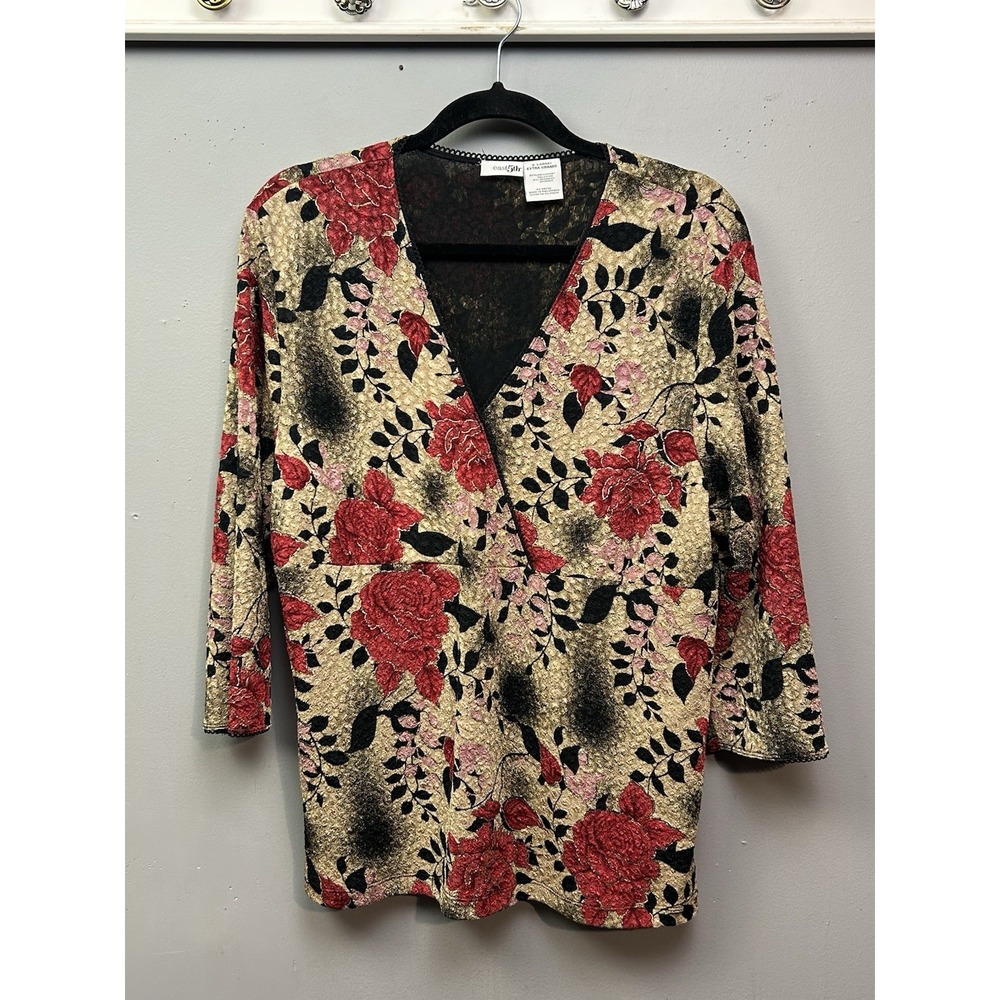 East5th Blouse Womens XL Gold Red Floral Faux Wrap Metallic Textured 3/4‎ Sleeve